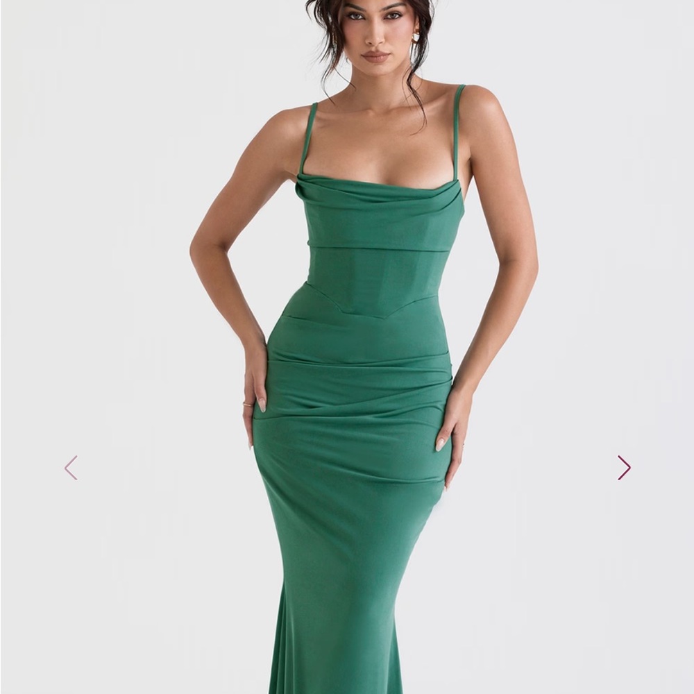 MILENA Forest Corset Maxi Dress - Emerald Green Draped Cowl Neck Evening Dress